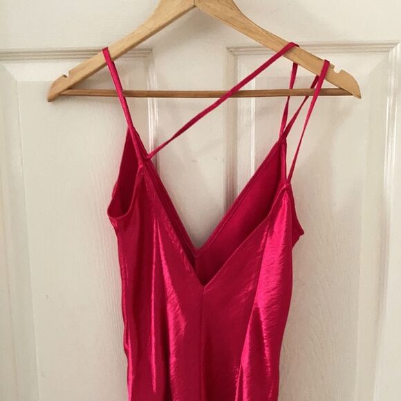 NEW Express Barbiecore Hot Pink Silky Deep V Neck Midi Satin Dress Gown 2 NWOT - Picture 11 of 11
